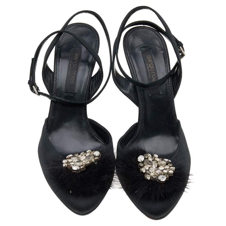 Pre Owned Sergio Rossi Black Fur And Satin Crystal Embellished Pointed Toe Ankle Strap Sandals Size 36