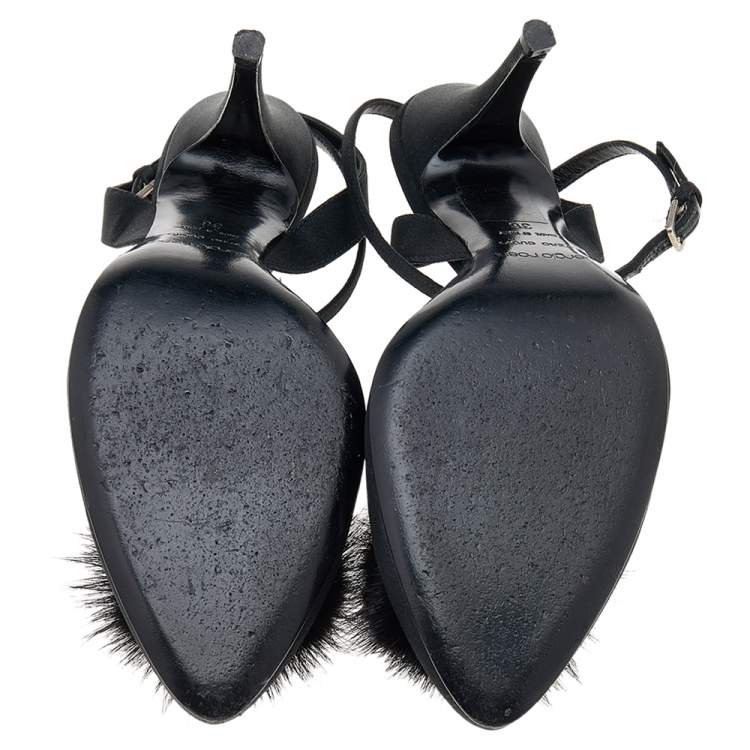 Pre Owned Sergio Rossi Black Fur And Satin Crystal Embellished Pointed Toe Ankle Strap Sandals Size 36