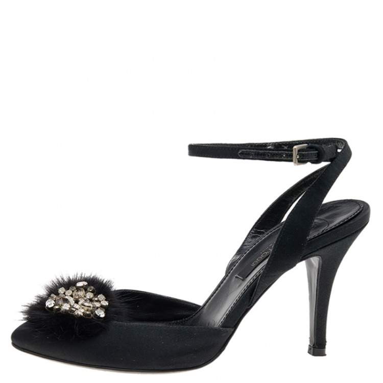 Pre Owned Sergio Rossi Black Fur And Satin Crystal Embellished Pointed Toe Ankle Strap Sandals Size 36