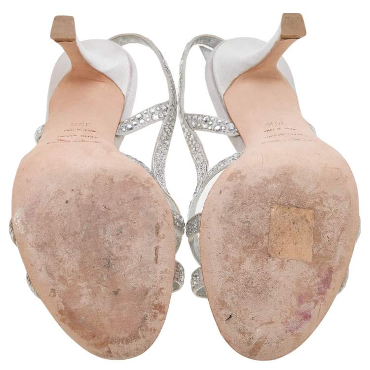 Pre Owned Sergio Rossi Silver Satin Crystal Embellished Slingback Sandals Size 36.5