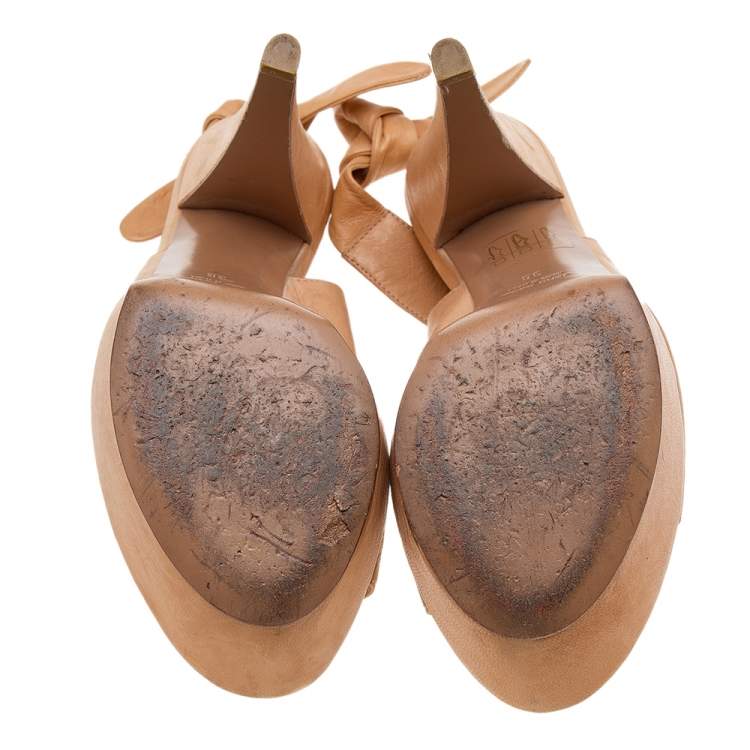 Pre Owned Sergio Rossi Beige Leather Platform Ankle Wrap Sandals Size 38