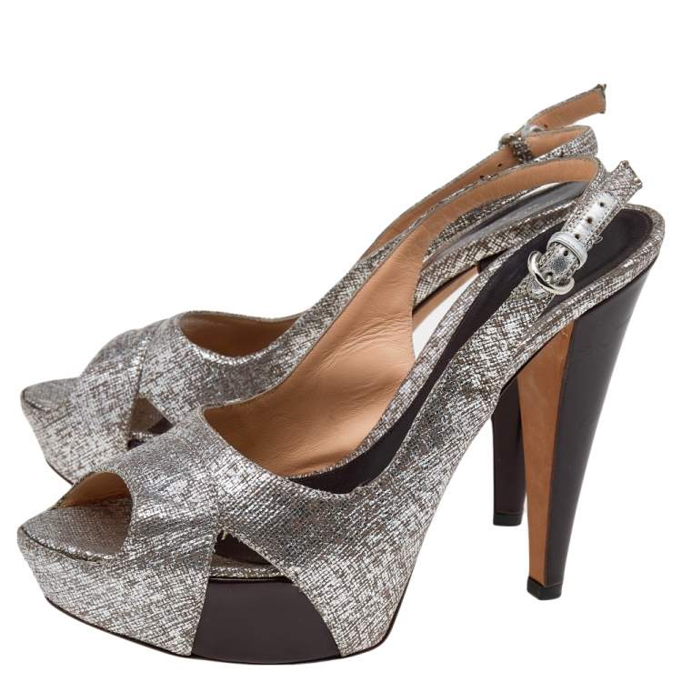 Pre Owned Sergio Rossi Silver Textured Leather Platform Slingback Sandals Size 40