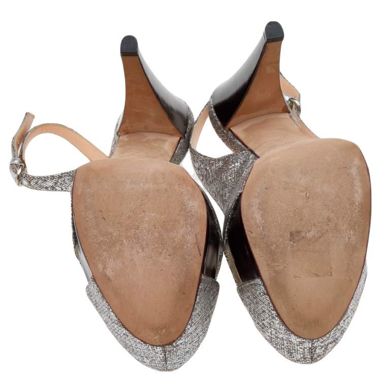 Pre Owned Sergio Rossi Silver Textured Leather Platform Slingback Sandals Size 40