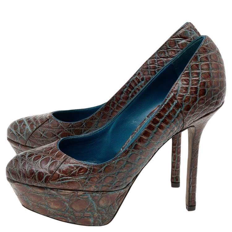 Pre Owned Sergio Rossi Brown Croc Embossed Leather Platform Pumps Size 35