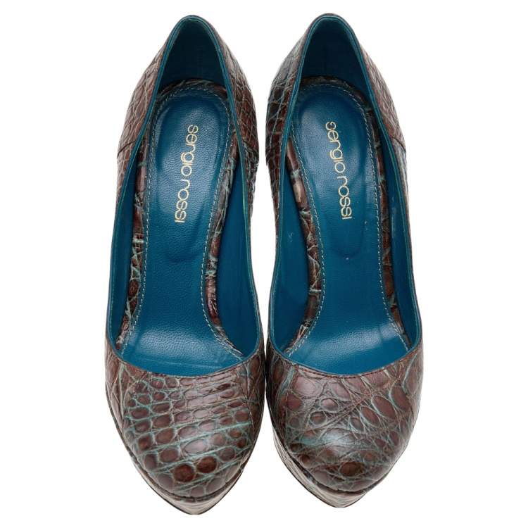 Pre Owned Sergio Rossi Brown Croc Embossed Leather Platform Pumps Size 35