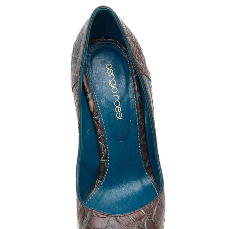Pre Owned Sergio Rossi Brown Croc Embossed Leather Platform Pumps Size 35