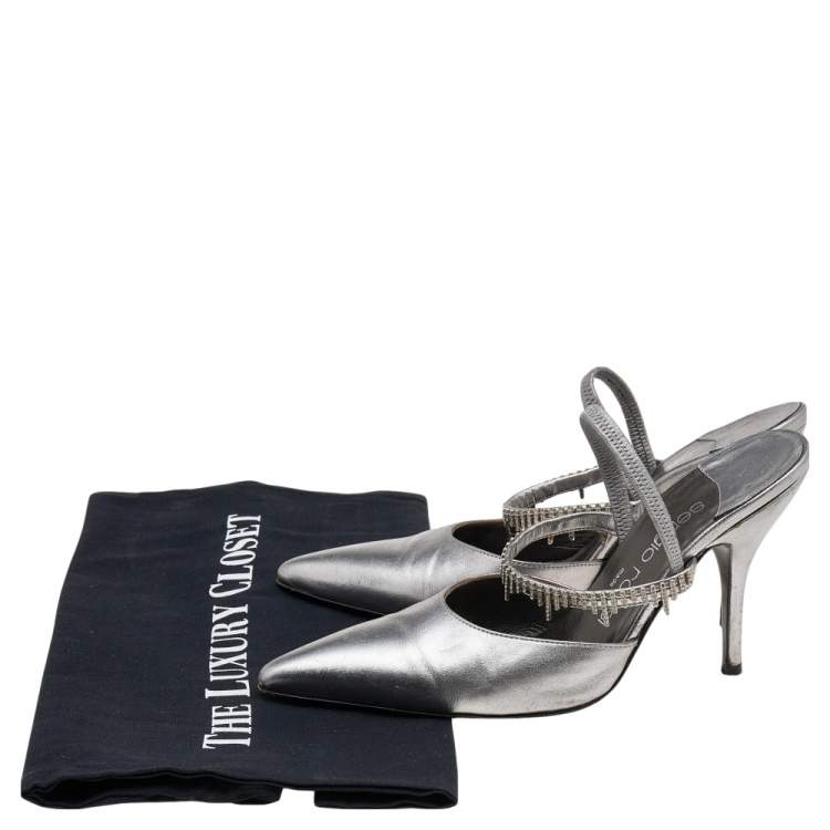 Pre Owned Sergio Rossi Silver Leather Embellished Strap Mules Size 35