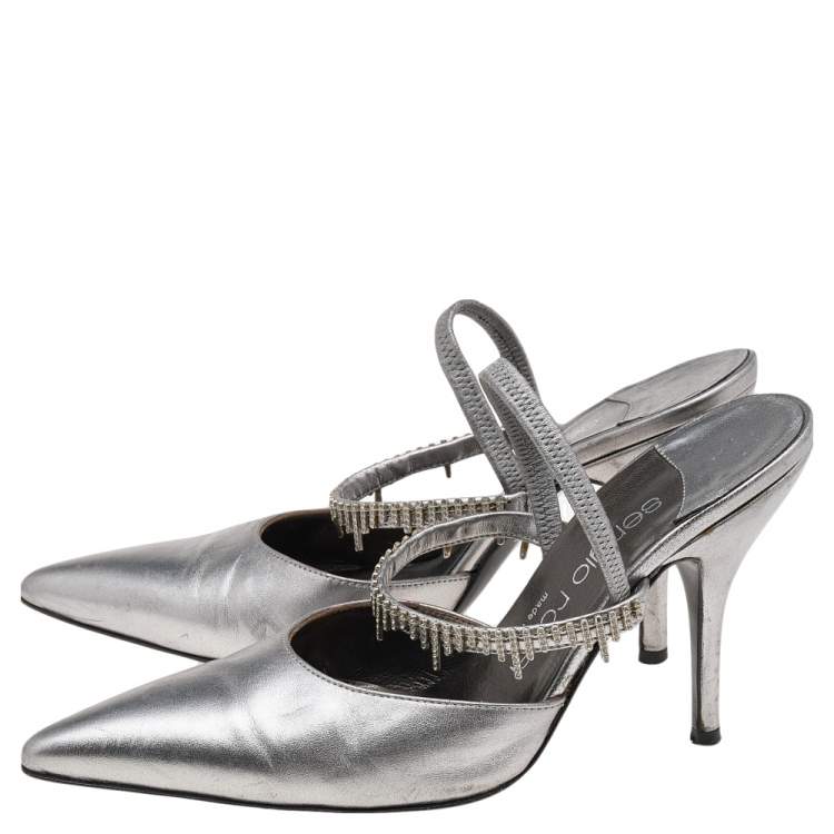 Pre Owned Sergio Rossi Silver Leather Embellished Strap Mules Size 35