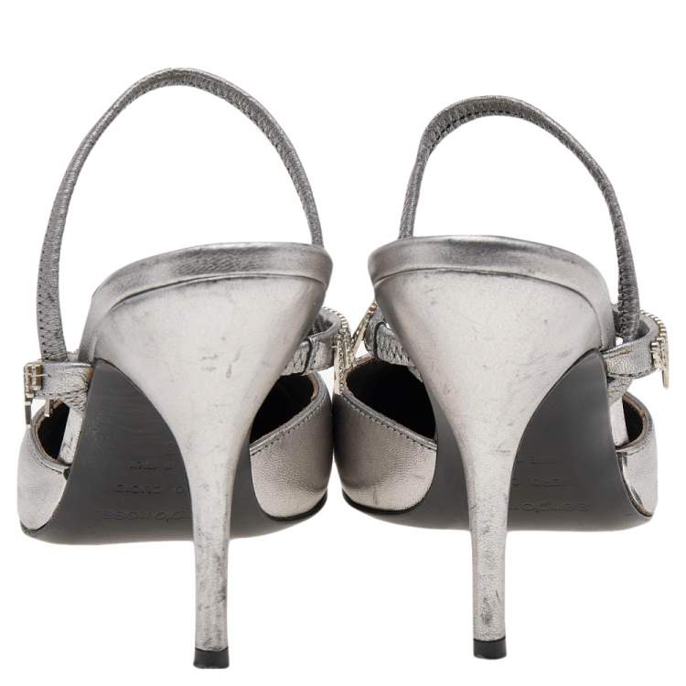 Pre Owned Sergio Rossi Silver Leather Embellished Strap Mules Size 35