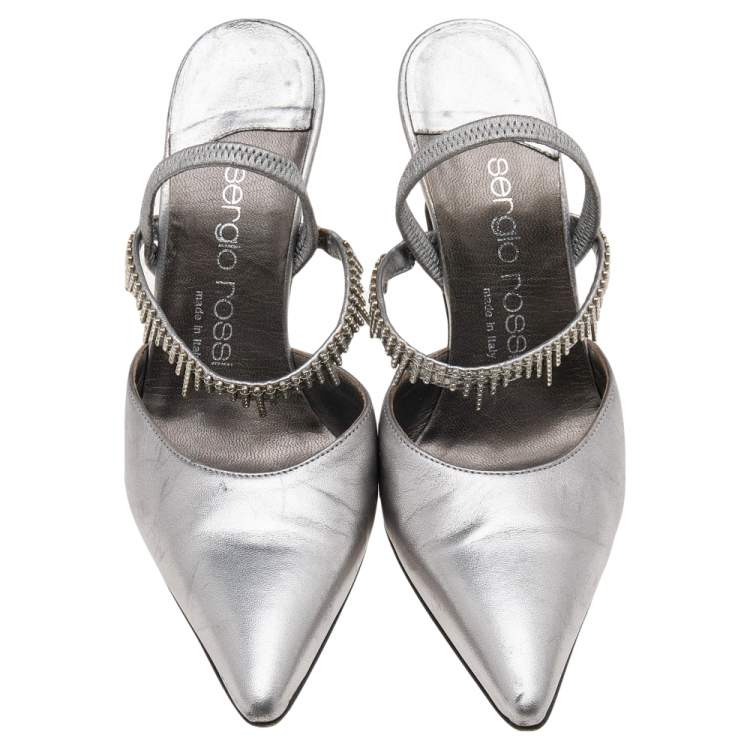 Pre Owned Sergio Rossi Silver Leather Embellished Strap Mules Size 35