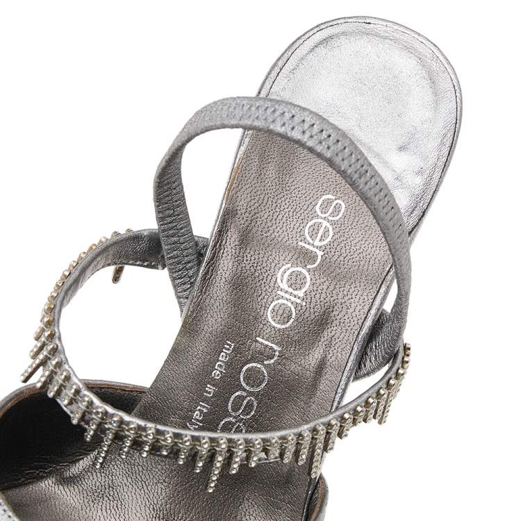 Pre Owned Sergio Rossi Silver Leather Embellished Strap Mules Size 35