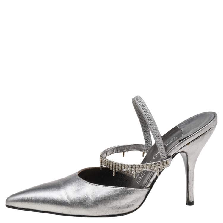 Pre Owned Sergio Rossi Silver Leather Embellished Strap Mules Size 35