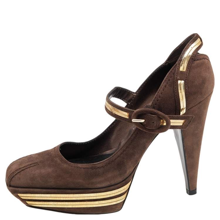 Pre Owned Sergio Rossi Brown Suede Platform Ankle Strap Pumps Size 39