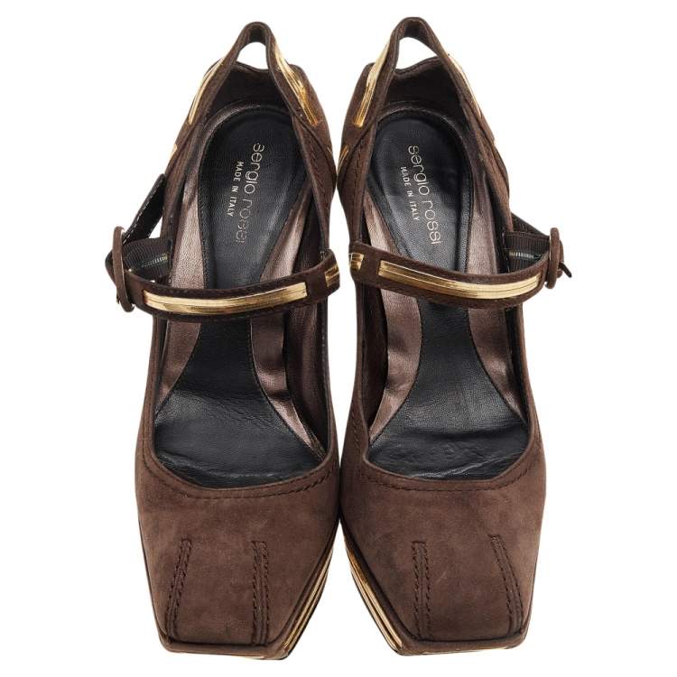 Pre Owned Sergio Rossi Brown Suede Platform Ankle Strap Pumps Size 39