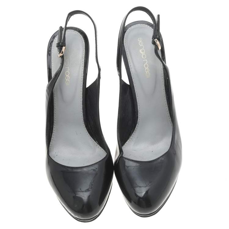 Pre Owned Sergio Rossi Black Patent Leather Platform Slingback Sandals Size 39