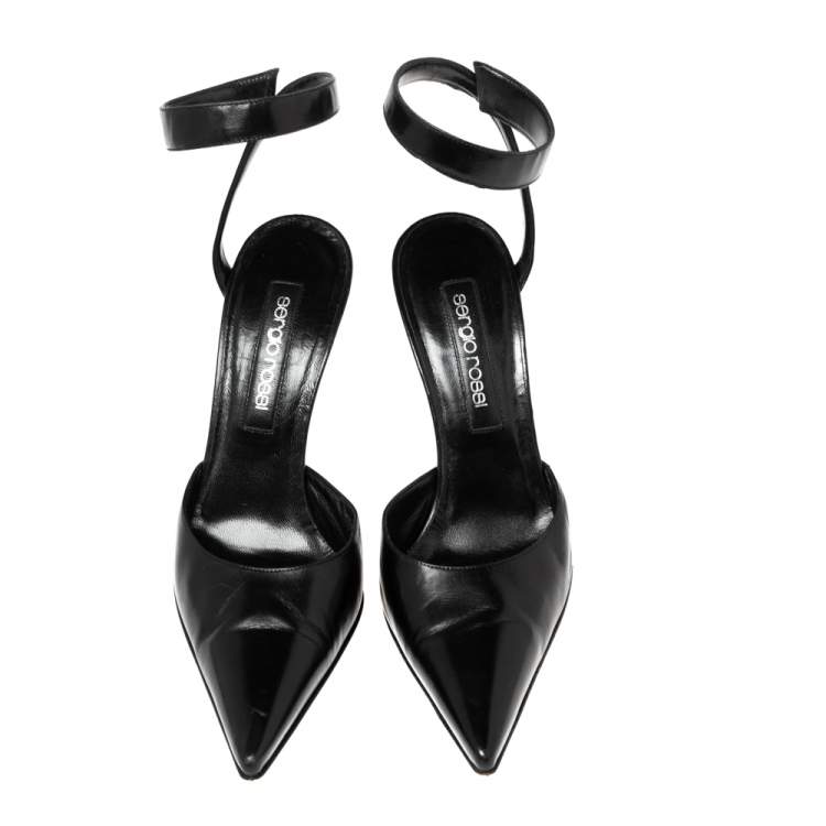 Pre Owned Sergio Rossi Black Leather Ankle Wrap Pointed-Toe Pumps Size 37.5