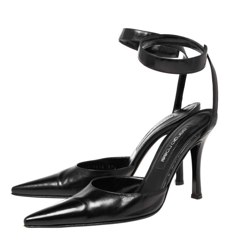 Pre Owned Sergio Rossi Black Leather Ankle Wrap Pointed-Toe Pumps Size 37.5