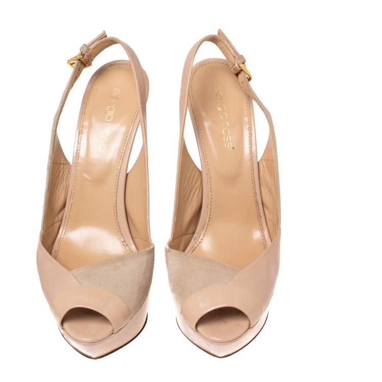 مملوكة مسبقًا Sergio Rossi Nude Suede and Leather Slingback Platform Sandals Size 36.5 