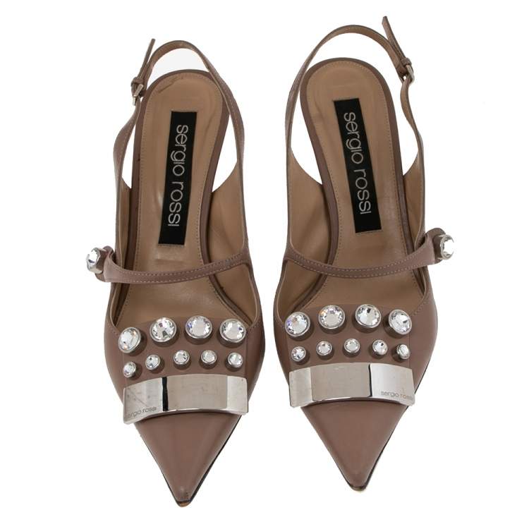 Pre Owned Sergio Rossi Beige Leather Crystal Slingback Sandals Size 40