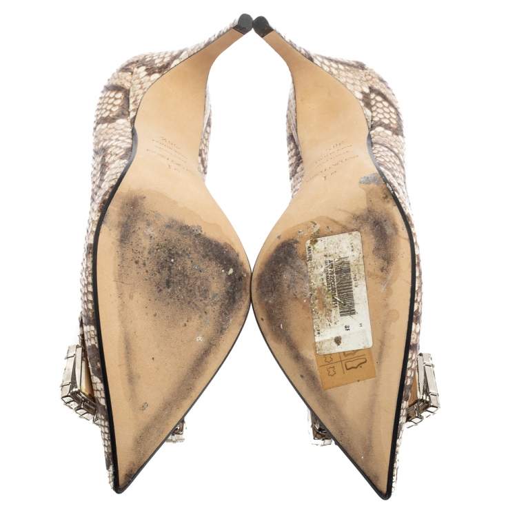 Pre Owned Sergio Rossi Beige/Brown Python Embossed Leather Crystal Embellished Pumps Size 38.5