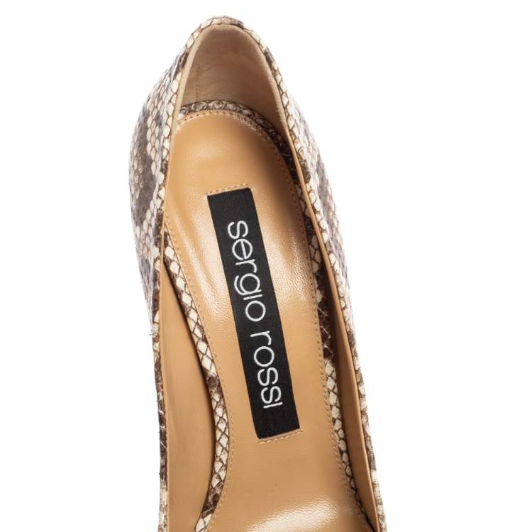 Pre Owned Sergio Rossi Beige/Brown Python Embossed Leather Crystal Embellished Pumps Size 38.5