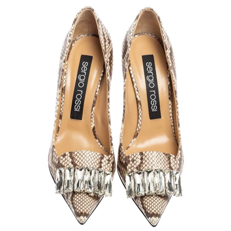 Pre Owned Sergio Rossi Beige/Brown Python Embossed Leather Crystal Embellished Pumps Size 38.5