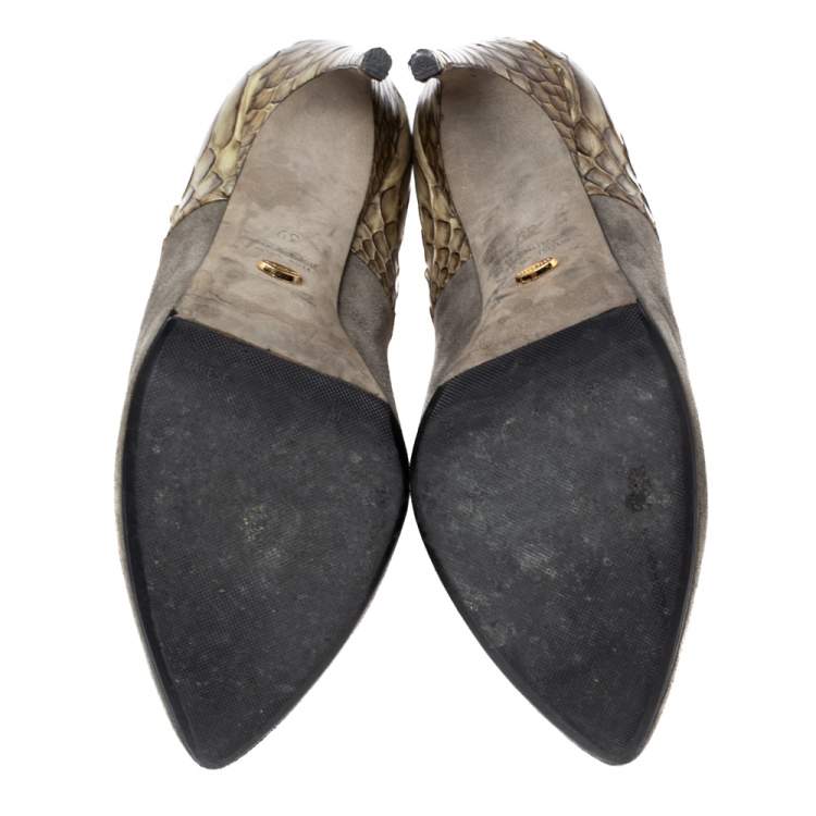 Pre Owned Sergio Rossi Light Olive Green Suede and Python Leather Ankle Booties Size 39