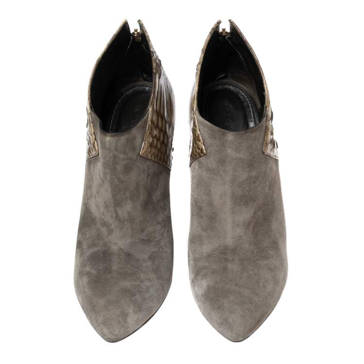 Pre Owned Sergio Rossi Light Olive Green Suede and Python Leather Ankle Booties Size 39