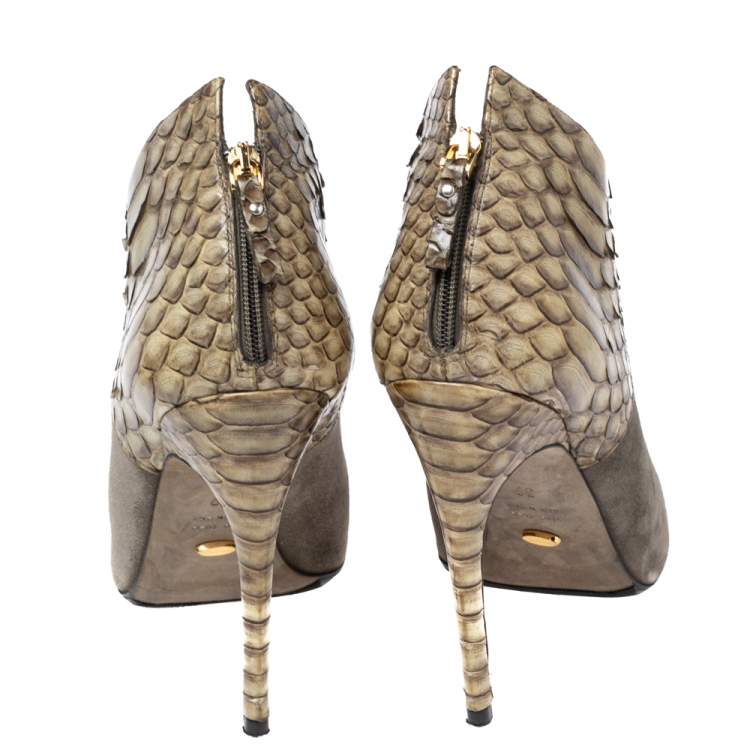 Pre Owned Sergio Rossi Light Olive Green Suede and Python Leather Ankle Booties Size 39