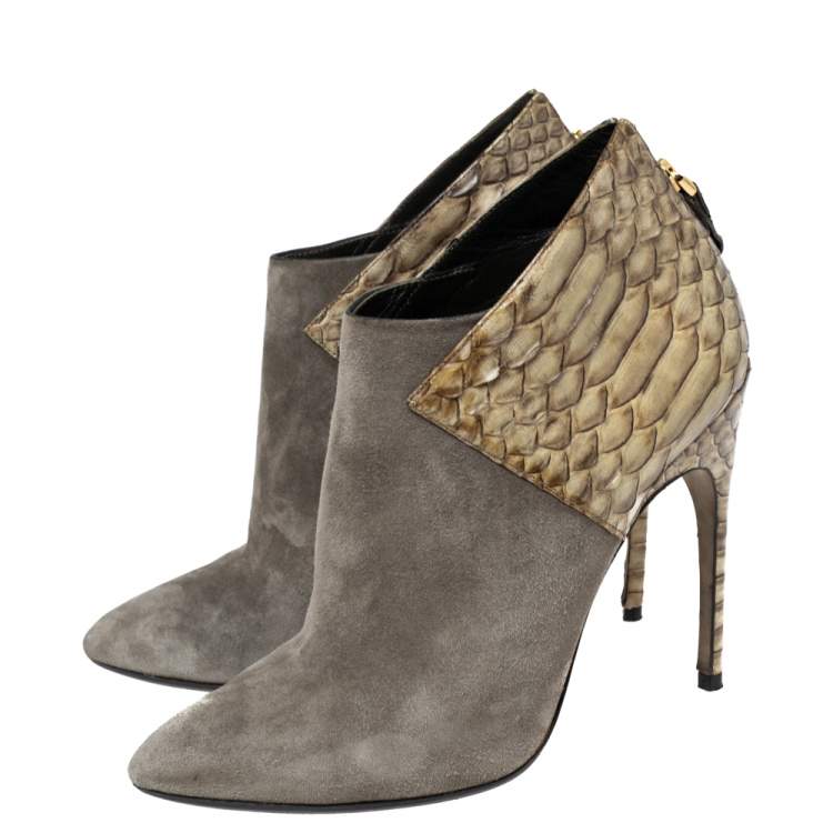 Pre Owned Sergio Rossi Light Olive Green Suede and Python Leather Ankle Booties Size 39