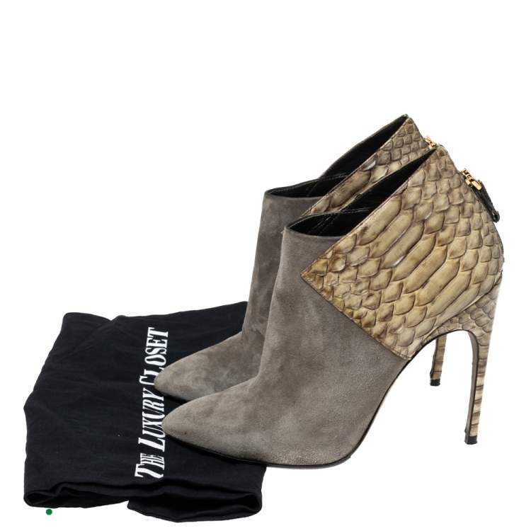 Pre Owned Sergio Rossi Light Olive Green Suede and Python Leather Ankle Booties Size 39