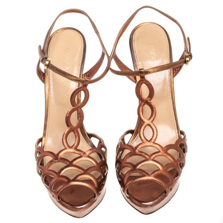 Pre Owned Sergio Rossi Metallic Gold Leather Ankle Strap Platform Sandals Size 38