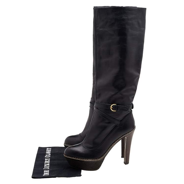 Pre Owned Sergio Rossi Black Leather Platform Knee Length Boots Size 39