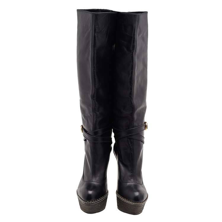 Pre Owned Sergio Rossi Black Leather Platform Knee Length Boots Size 39