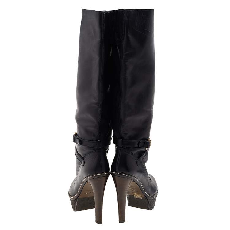 Pre Owned Sergio Rossi Black Leather Platform Knee Length Boots Size 39