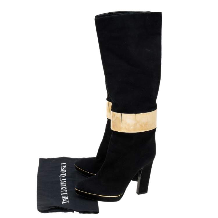 Pre Owned Sergio Rossi Black Suede Metal Cuff Knee Length Boots Size 39.5