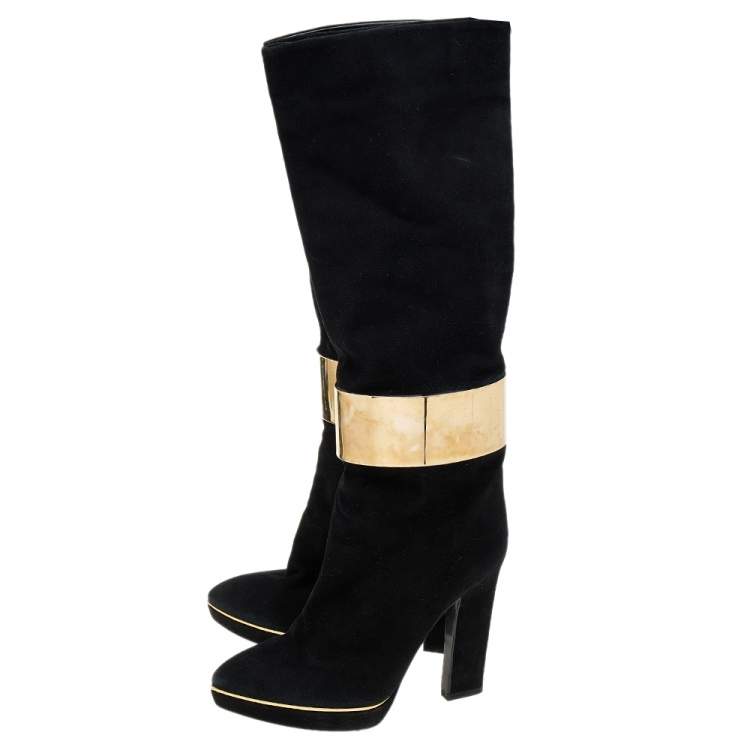Pre Owned Sergio Rossi Black Suede Metal Cuff Knee Length Boots Size 39.5