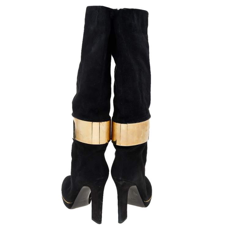 Pre Owned Sergio Rossi Black Suede Metal Cuff Knee Length Boots Size 39.5