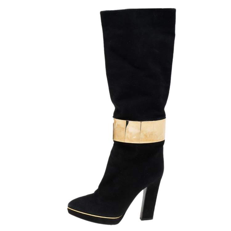 Pre Owned Sergio Rossi Black Suede Metal Cuff Knee Length Boots Size 39.5