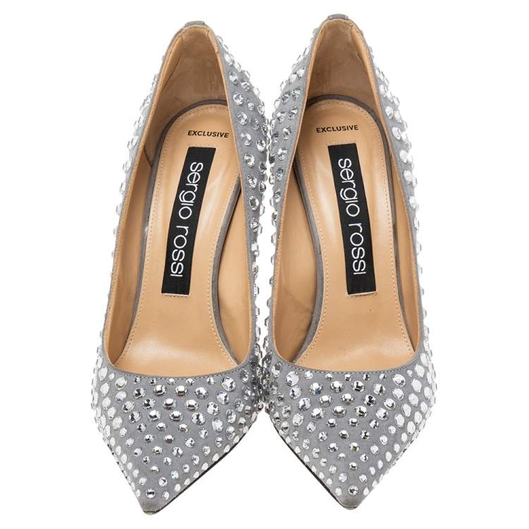 Pre Owned Sergio Rossi Grey Suede Crystal Embellished Pointed Toe Pumps Size 38
