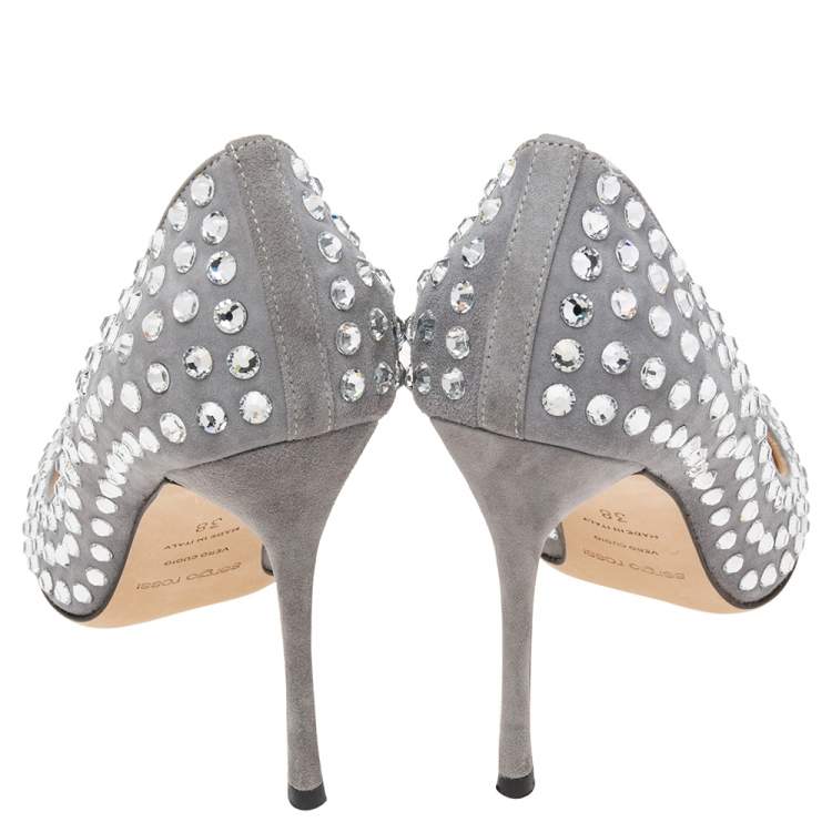 Pre Owned Sergio Rossi Grey Suede Crystal Embellished Pointed Toe Pumps Size 38