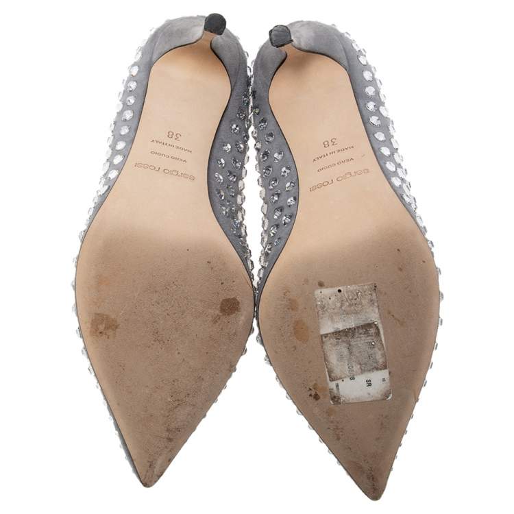 Pre Owned Sergio Rossi Grey Suede Crystal Embellished Pointed Toe Pumps Size 38