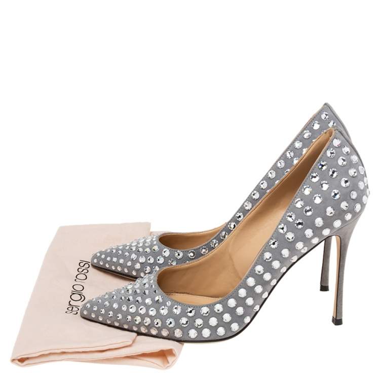 Pre Owned Sergio Rossi Grey Suede Crystal Embellished Pointed Toe Pumps Size 38