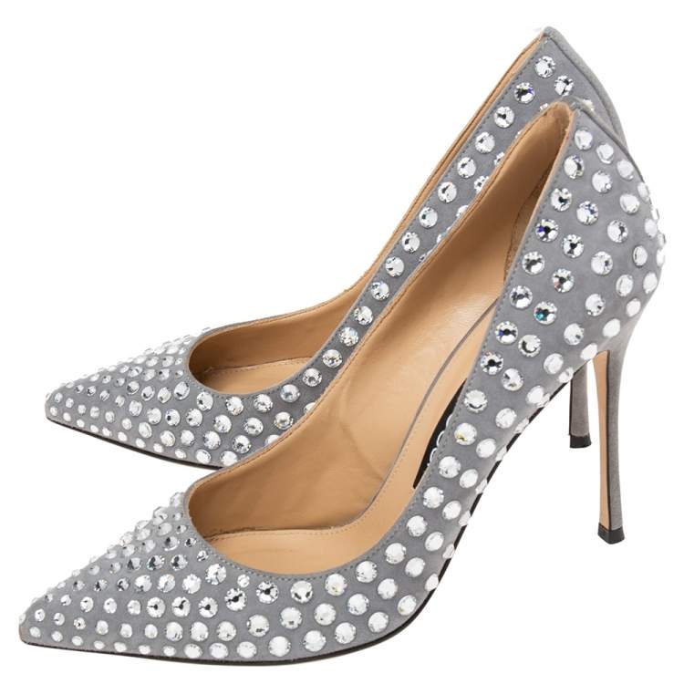 Pre Owned Sergio Rossi Grey Suede Crystal Embellished Pointed Toe Pumps Size 38