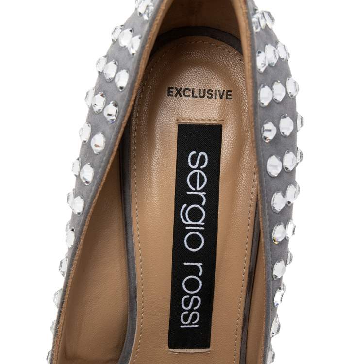 Pre Owned Sergio Rossi Grey Suede Crystal Embellished Pointed Toe Pumps Size 38