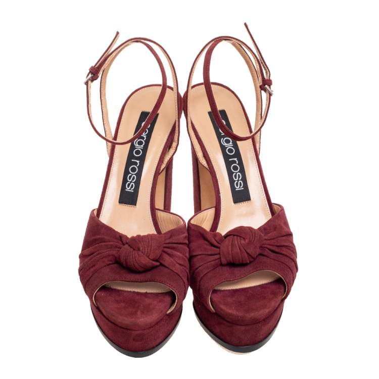 Pre Owned Sergio Rossi Burgundy Suede Kaia Knot Ankle-Strap Platform Sandals Size 38.5