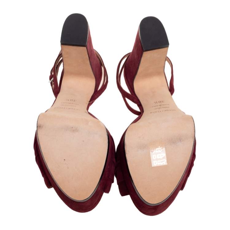 Pre Owned Sergio Rossi Burgundy Suede Kaia Knot Ankle-Strap Platform Sandals Size 38.5