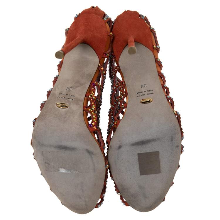 Pre Owned Sergio Rossi Multicolor Suede Crystal Embellished Peep Toe Caged Booties Size 38