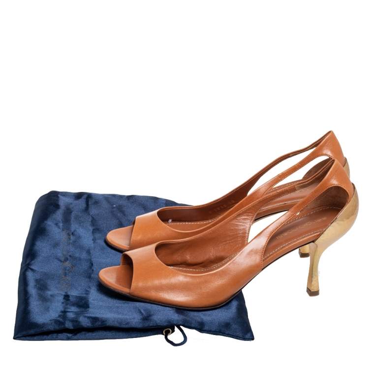 Pre Owned Sergio Rossi Brown Leather Cutout Peep Toe  Pumps Size 38