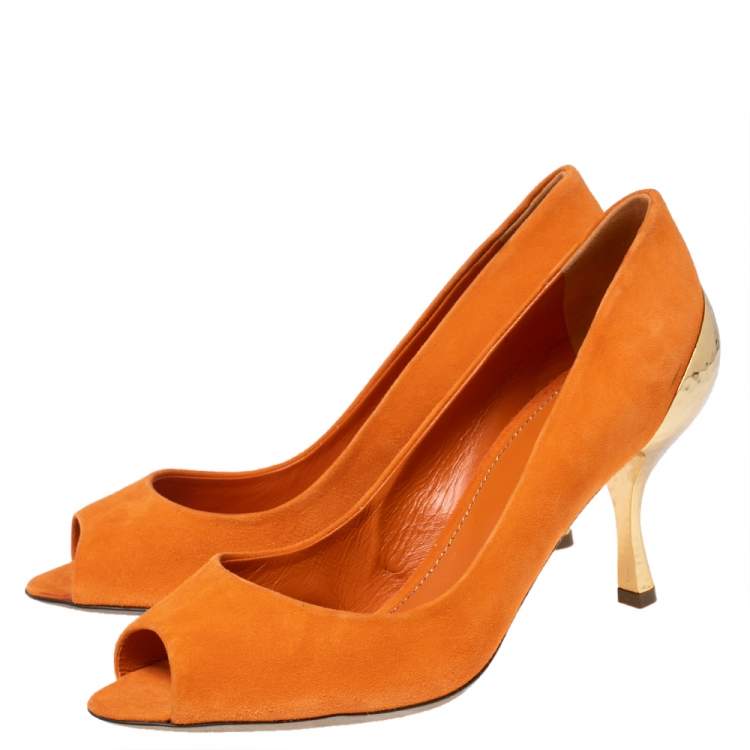 Pre Owned Sergio Rossi Orange Suede  Peep Toe Golden Heel Pumps Size 38